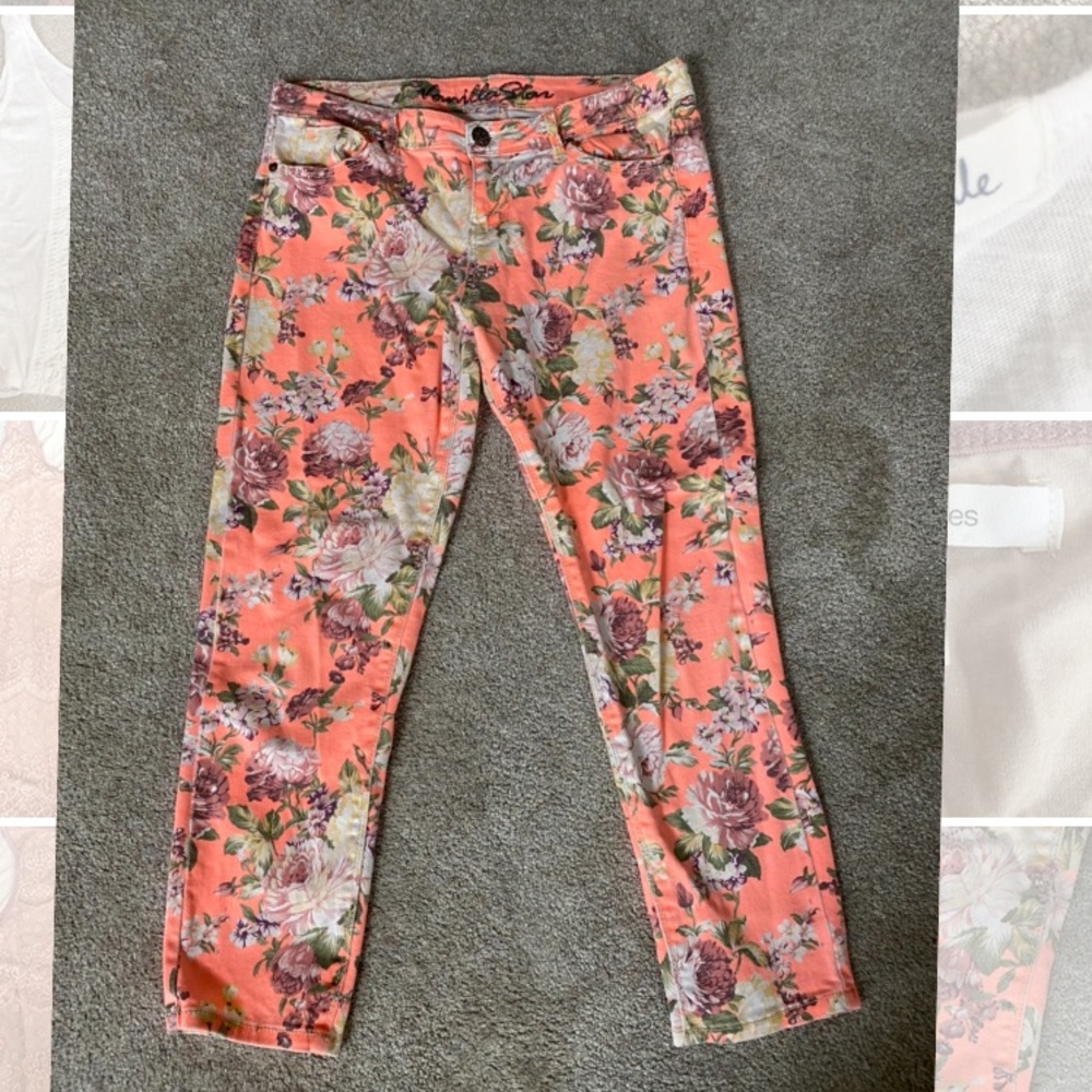 Bright Orange Flower Printed Jeans